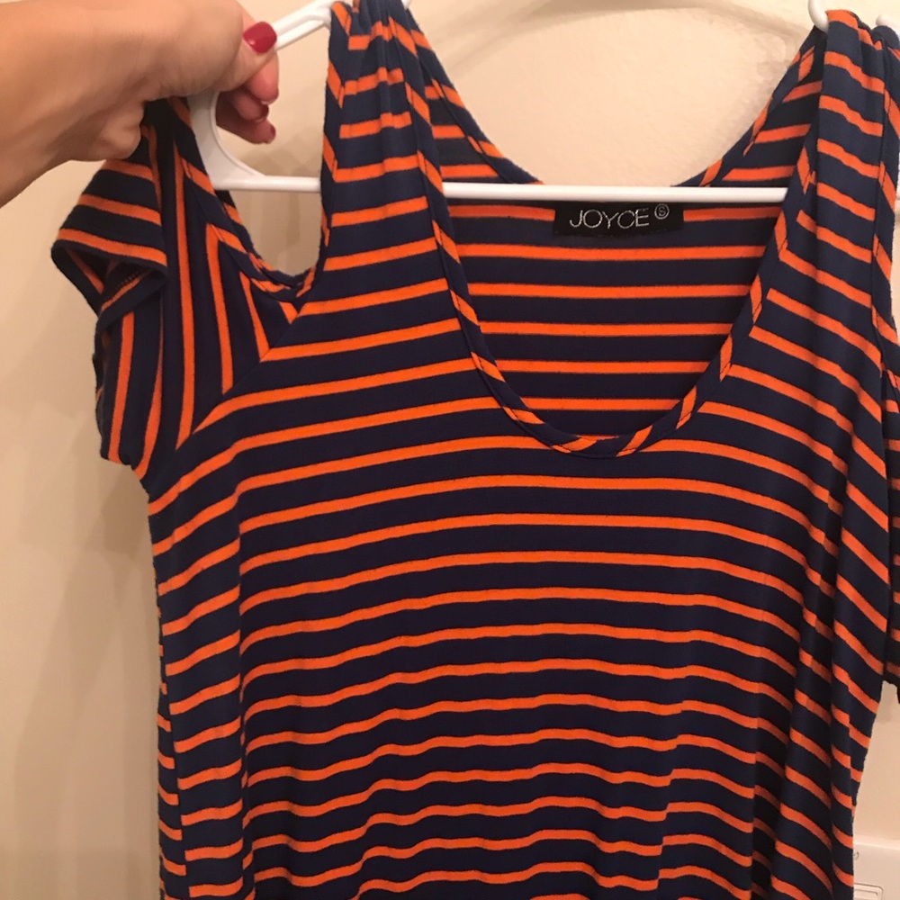 Blue and orange striped cold shoulder top